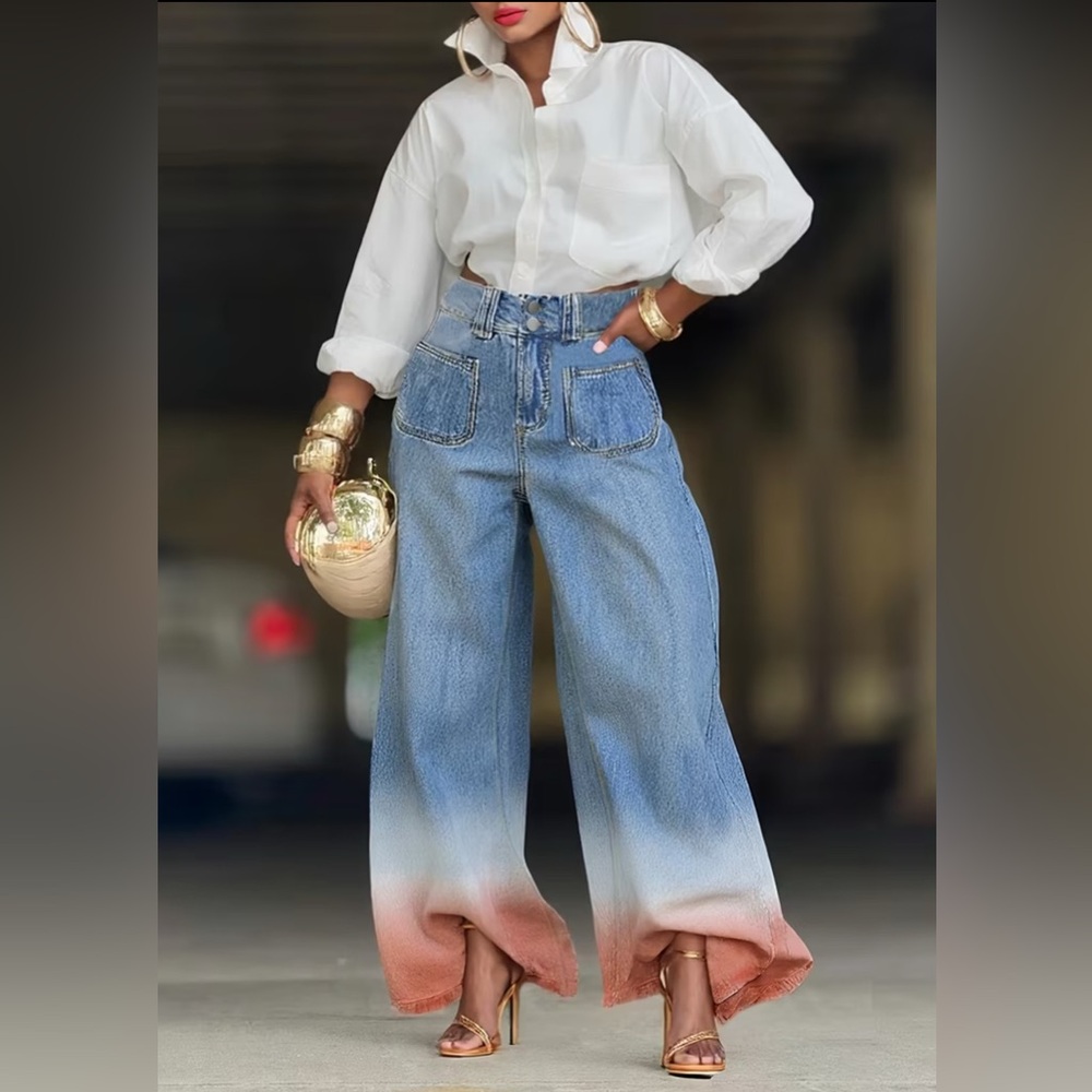 High Waist Color Block Wide Leg Jeans | Ombre Denim Palazzo Pants